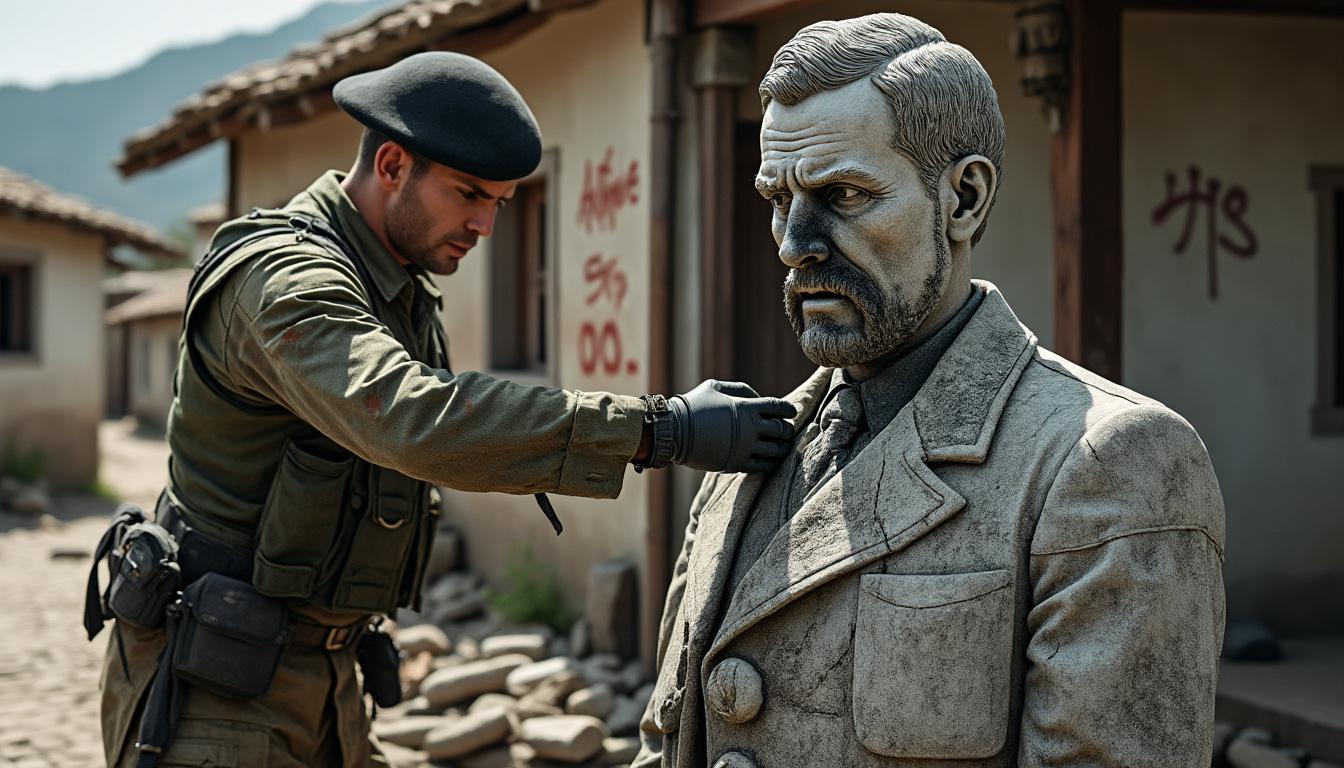 un soldat israélien est surpris en train d'endommager une statue de jésus-christ au liban, une image qui suscite l'indignation et choque profondément.