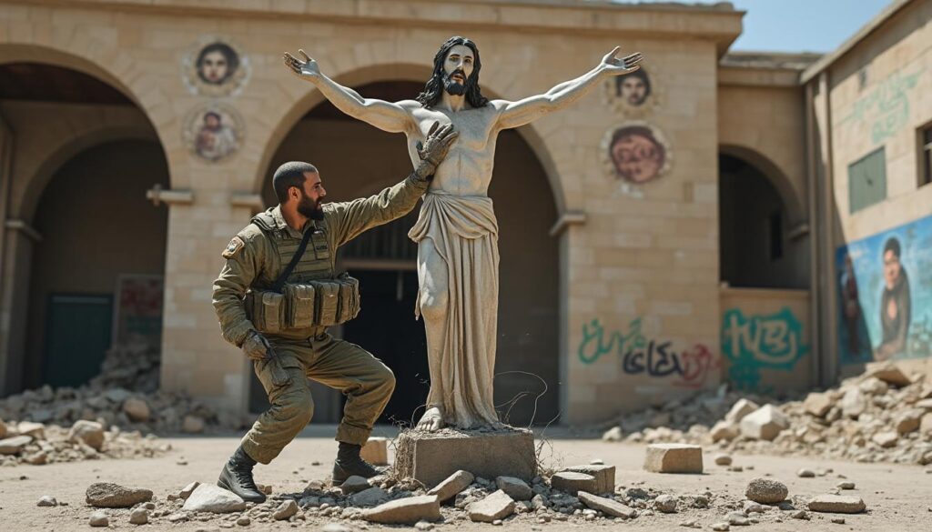 un soldat israélien est surpris en train d'endommager une statue de jésus-christ au liban, une image qui suscite l'indignation et choque les observateurs.