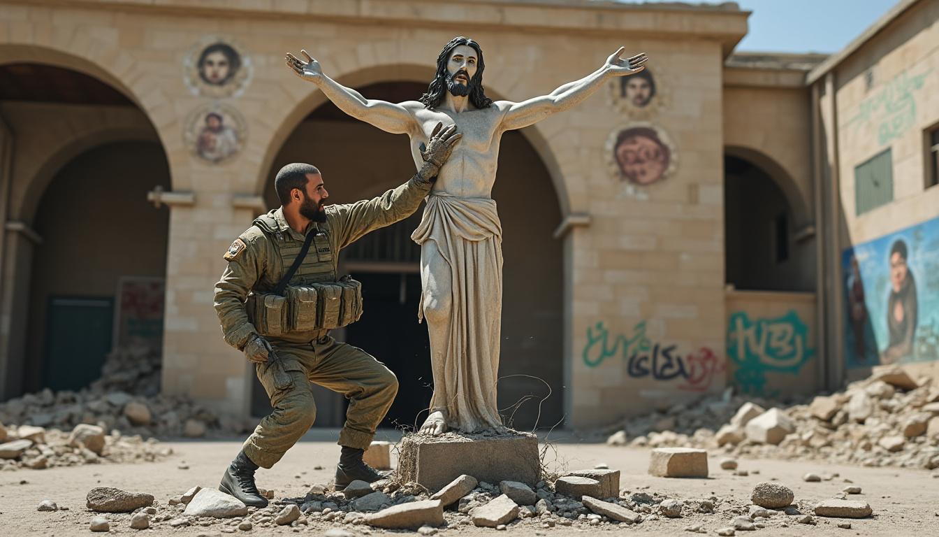 un soldat israélien est surpris en train d'endommager une statue de jésus-christ au liban, une image qui suscite l'indignation et choque les observateurs.