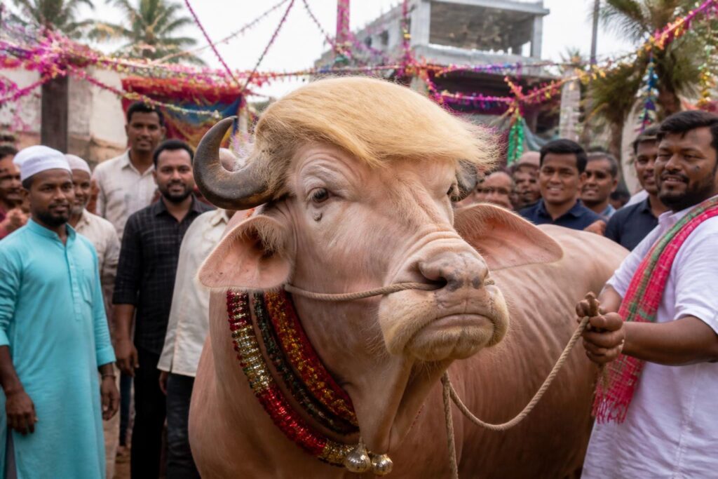 découvrez l'histoire étonnante de "donald trump", le buffle ressemblant au président américain, qui fait sensation et devient la vedette des célébrations de l'aïd au bangladesh.