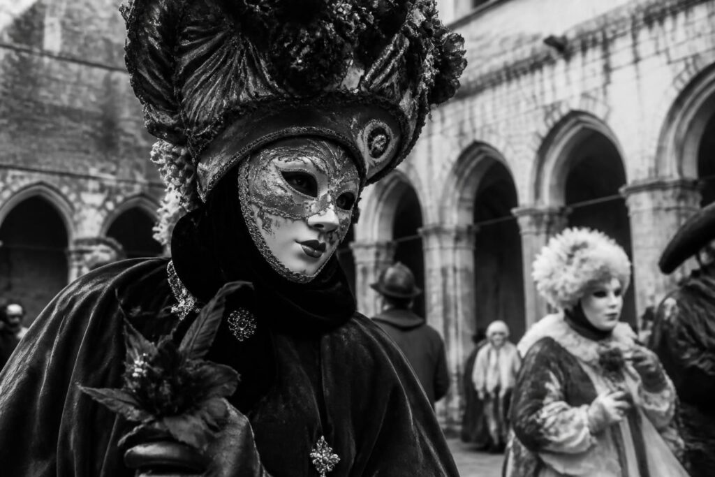 plongez dans l'ambiance unique du carnaval en noir et blanc à l’abbaye de l..., où la saison photo débute avec des images saisissantes capturant l'âme festive et intemporelle de l'événement.